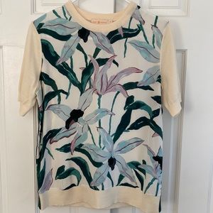 Tory Burch silk screen front short sleeve sweater